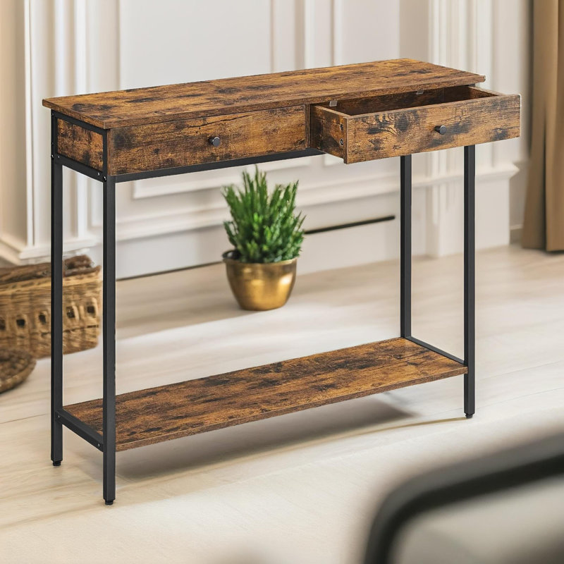 100Cm 2 Tier Rustic Console Table with 2 Drawers and Storage Shelf Entryway Living Room