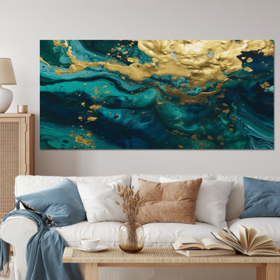 Sarcelle et or liquide Magic I - reproduction sur toile abstraite