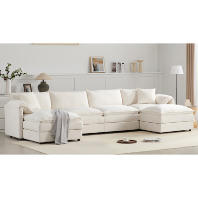 NEW SKU of N723S1687W]136" Chenille Modular Sectional Sofa with Deep and Wide Seat, U-Shaped Cloud Couch Set with Double Cushions, 6 Seat Sofa with Movable Ottoman, Oversized Indoor Furniture