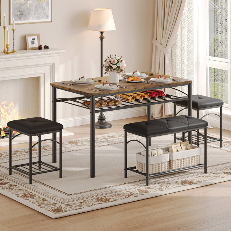 Ensemble de table de salle à manger industrielle 4 pièces avec rangement, table de cuisine rectangulaire avec support à vin, 2 tabourets et 1 banc, mobilier de salle à manger pour petits espaces