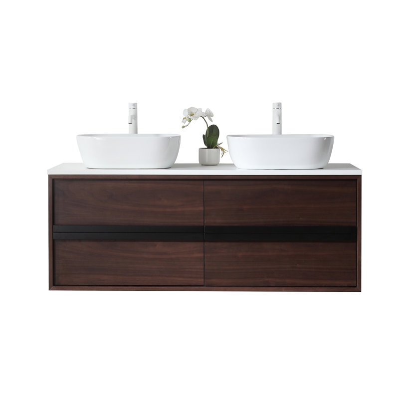 Meuble-lavabo en contreplaqué de bois naturel 55 po avec plateau en quartz d'ingénierie Sintra, Noyer foncé