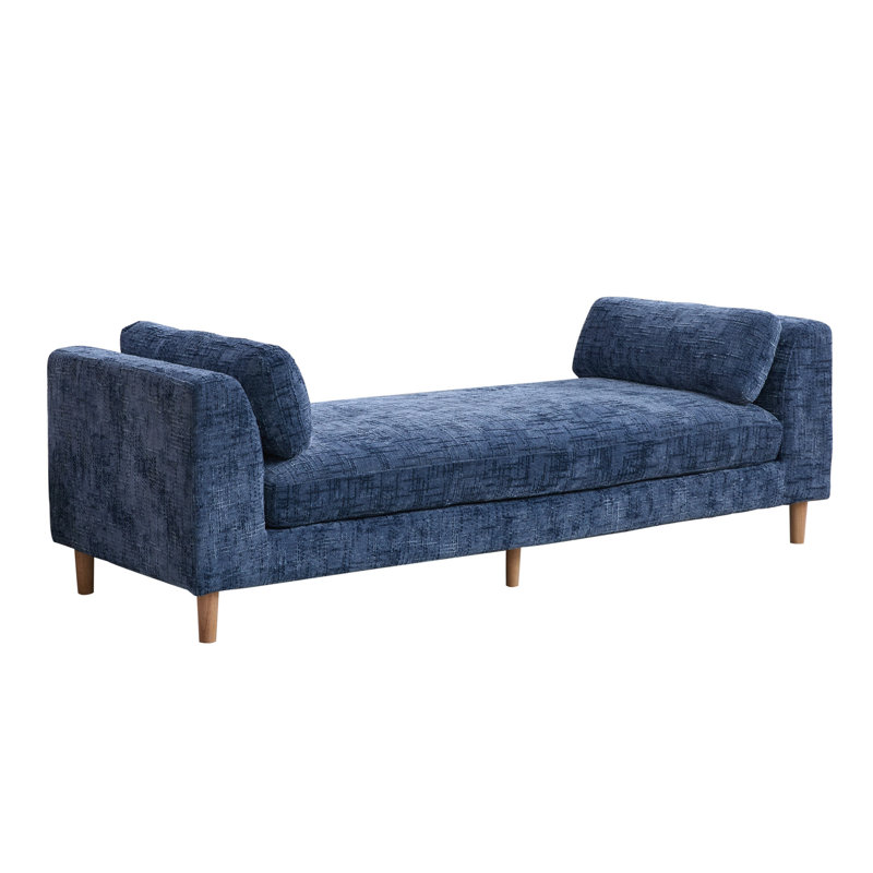 Banc de lit 83 po en chenille avec 2 traversins et pieds en bois massif, Bleu