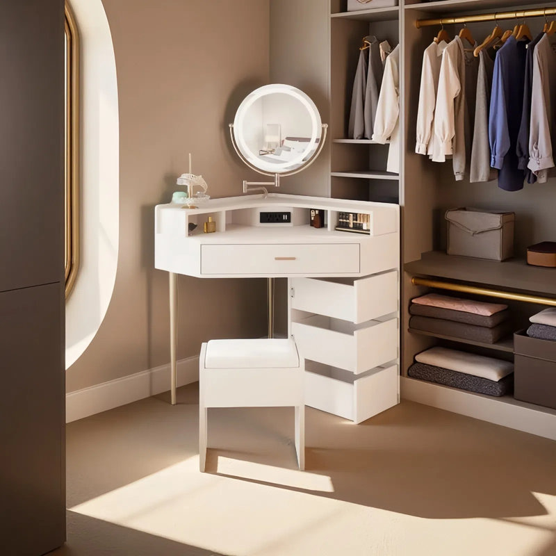 Extendable Mirror Vanity Desk With LED Lights, Drawers & Charging Station Makeup Dressing Table With Stool Corner Vanity Set