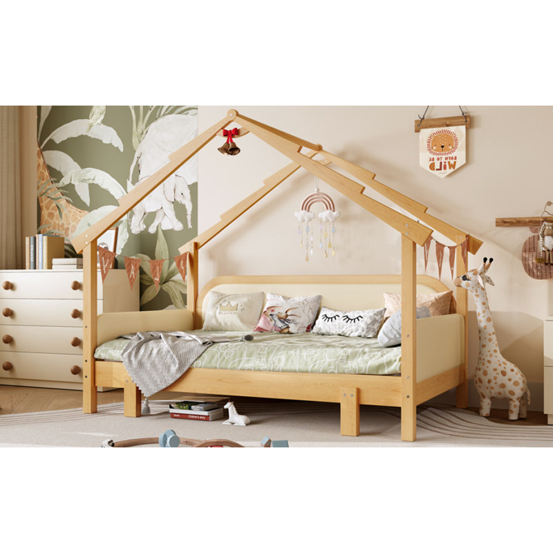 Lit simple en bois dans une cabane dans un arbre avec rails à coussin souple, pour enfants, adolescents, filles, garçons, blanc
