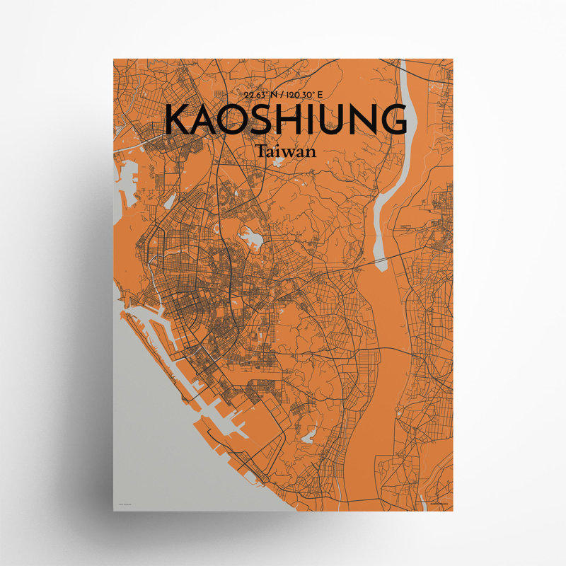 Kaoshiung City Map In Orange - No Frame Print, 24cm H x 18cm W x 0.05cm D