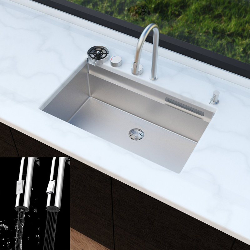 Évier de cuisine encastré circulaire 33 po x 22 po, évier de cuisine cascade avec robinet, évier simple en acier inoxydable avec station de travail moderne, 33 po x 22 po x 10 po, argent brossé