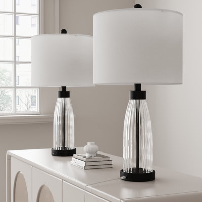 Aadyn 25 po. Verre noir moderne à intensité variable en métal pour chambre à coucher, salon, table de chevet et table de chevet avec abat-jour tambour en lin et port USB