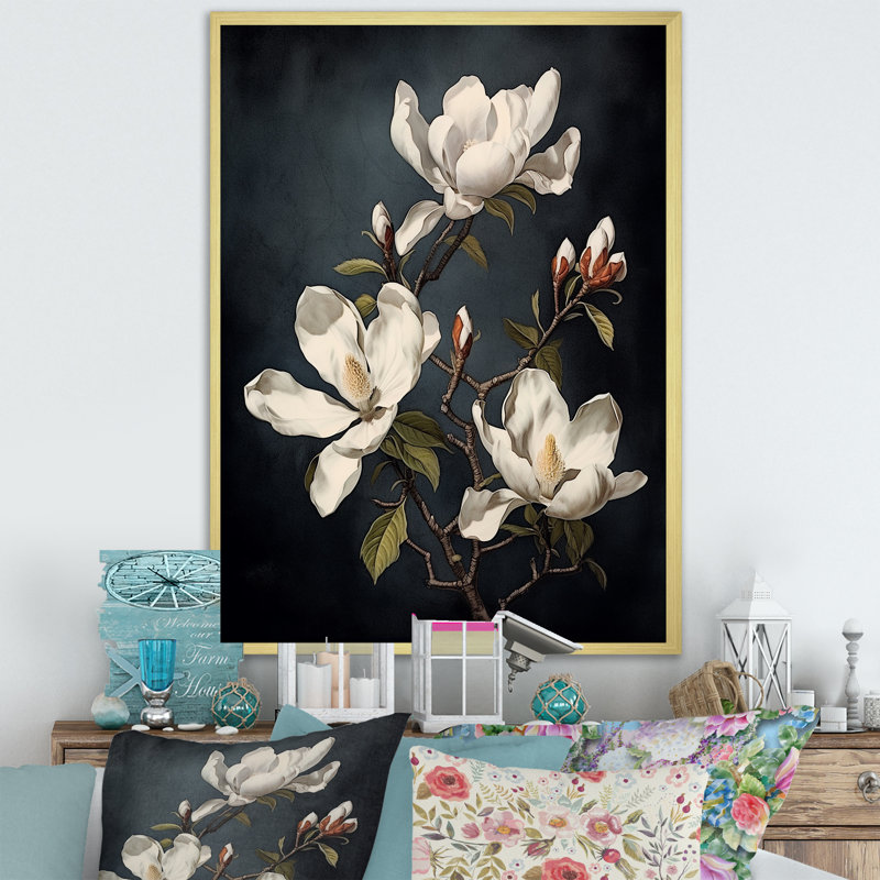 «White Blooimg Magnolias Trees II», reproduction sur toile, Cadre doré simple, H 40 po x l 30 po x P 1,5 po
