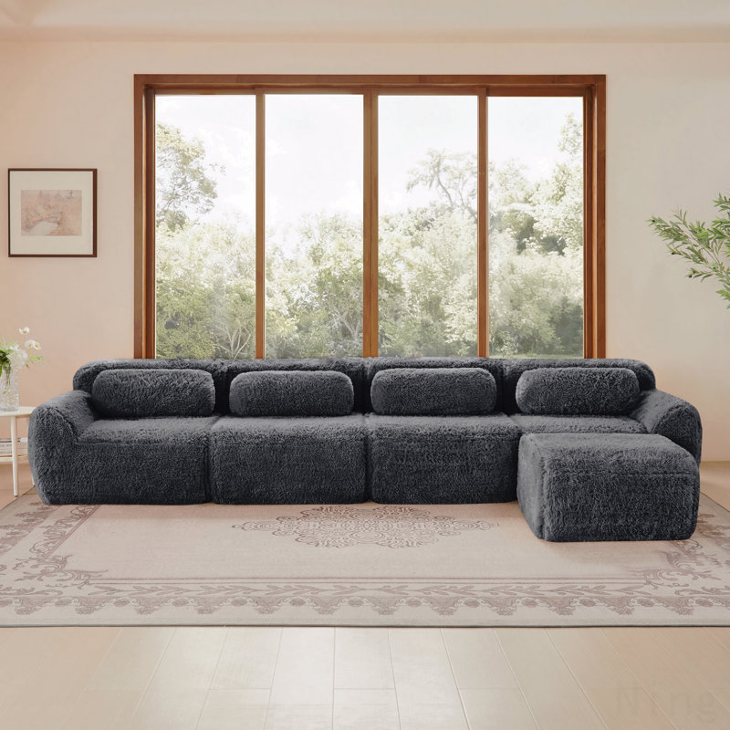 Canapé en L pour petits appartements Tissu en peluche doux et moelleux en L, canapés modulaires pour canapé modulaire, conception antidérapante en éponge haute densité 32D, connexion à boucle libre, pour les salons, gris foncé