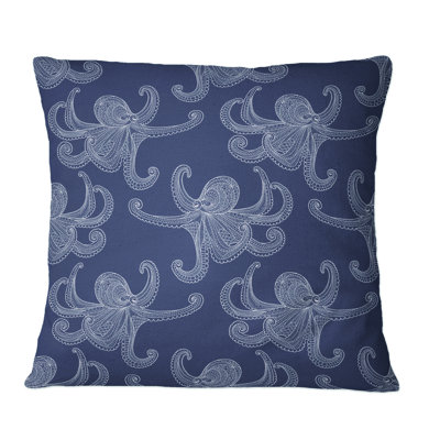 White Octopuses On Dark Blue - Patterned Printed Throw Pillow