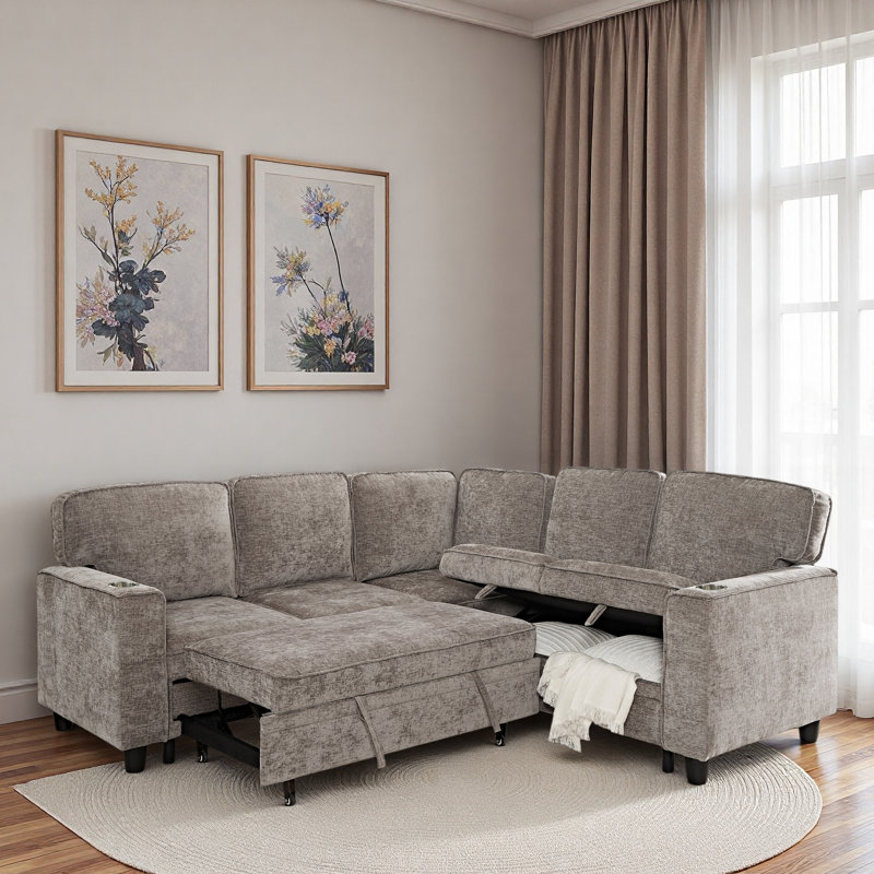 Canapé modulaire en L avec siège de rangement, porte-clés USB et porte-gobelets, Chenille brun clair