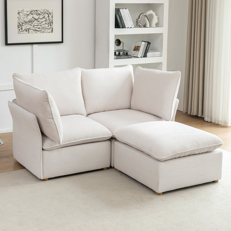 Hepworth 3 - Piece Corduroy Sectional Sofa With Ottoman, White Corduroy