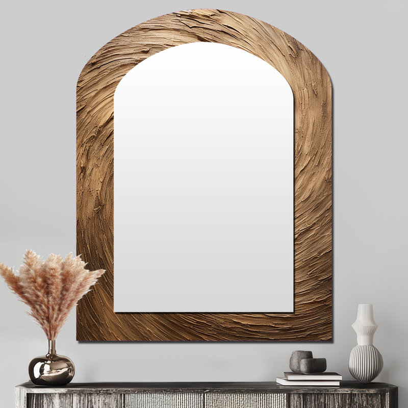 Brown Calm Current Spiral - Abstract Spirals Asymmetrical Decorative Mirror, Modern Arch Wall Mirror, Printed Metal Art