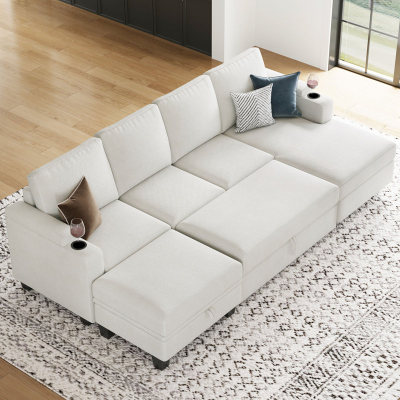 Anjana Chenille Storage Sofa Modular Sectional Sofa Bed With Removable Cushion Cover, Beige Chenille