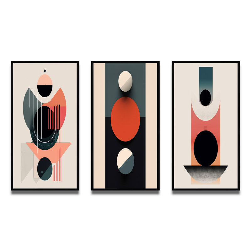 Full Moon Delight Retro Geometric Minimalism III - Transitional Art Set Of 3 Pieces, Cadre noir, H 32 po x l 48 po