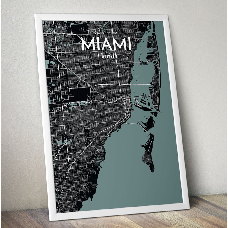 « miami city map », reproduction d’impression sur affiche en minuit, H 36 po x l 24 po x P 0,05 po