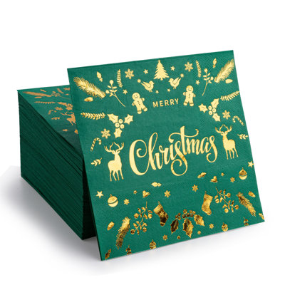 Serviettes de Noël vertes 80 pièces avec motif en relief feuille d'or