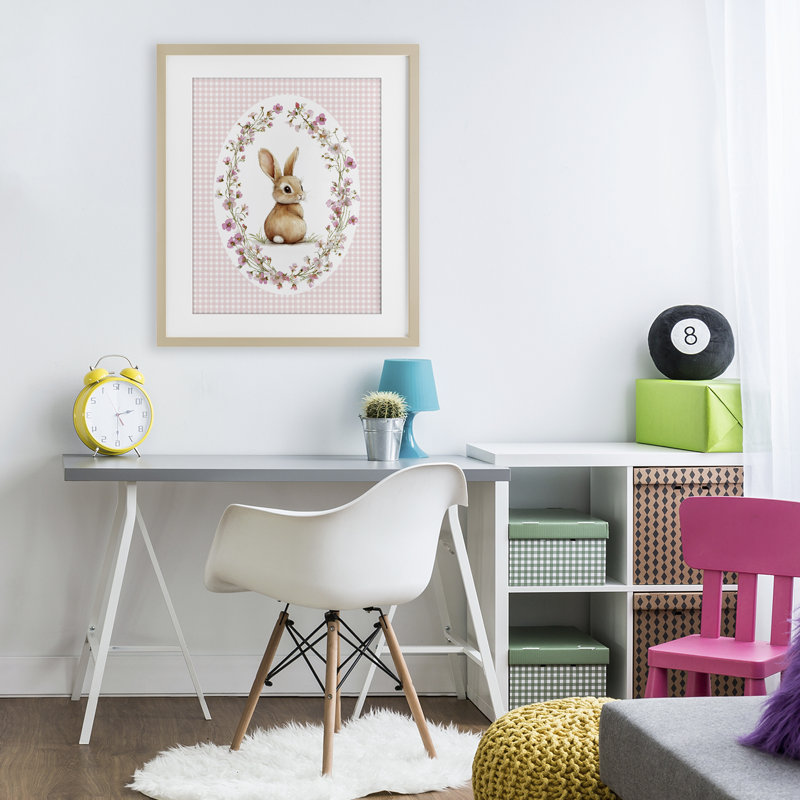 Printemps Gingham Rabbit, reproduction encadrée sous verre, conception par Christine Simpson Art, Cadre de ferme gris