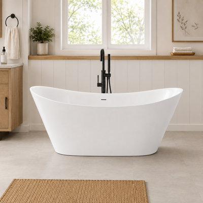 55 in. L x 28.3 in. W Freestanding Soaking Acrylic Bathtub with Drain and Overflow, Glossy White