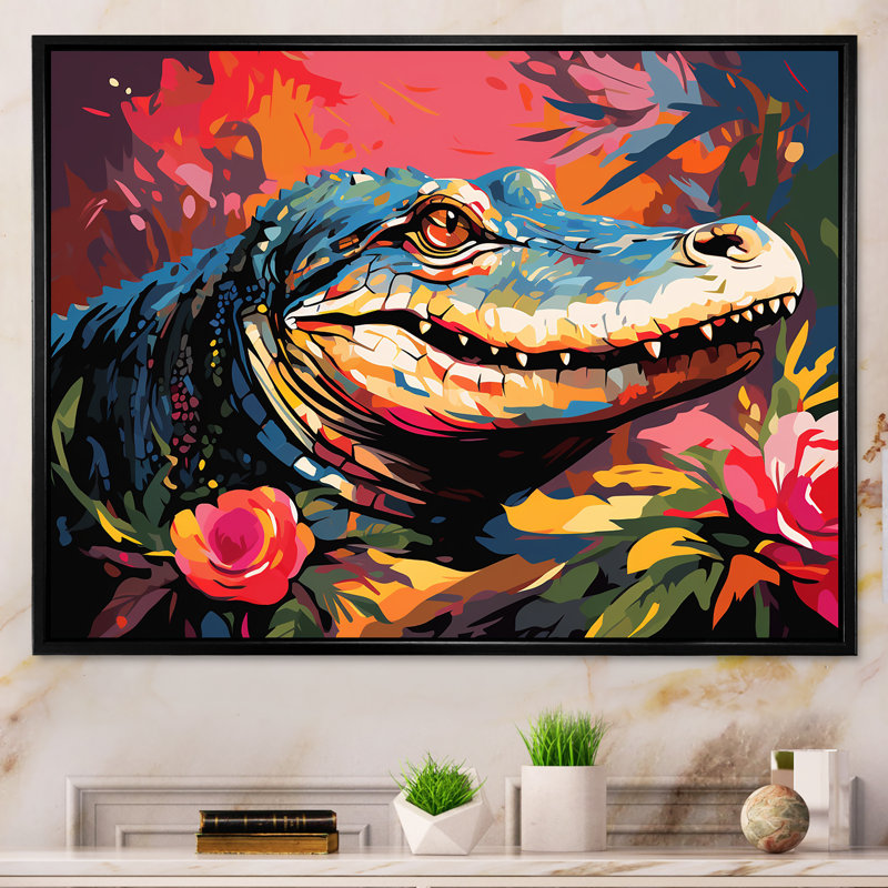 Popart alligator Blooms II - crocodile, art mural, Cadre flottant noir, H 34 po x l 44 po x P 1,5 po