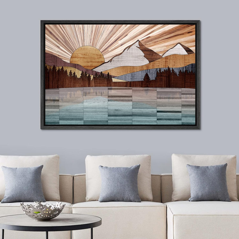 Western Wood Effect Landscape " Western Decor Wood Effect Panel Mountain Range Forest Lake Nature Artwork Digital Art Modern Zen "