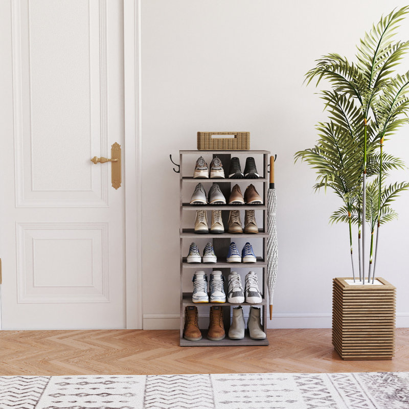 Rangement à chaussures vertical rustique gris à 7 niveaux, 12 à 14 paires de chaussures, crochets pour chapeaux, support à assemblage simple, support pour chaussures, foulards, configuration