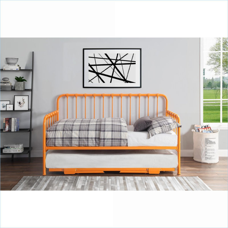 Daybed with Lift-Up Trundle, Classic Metal Frame Orange Finish for Bedrooms | Orange|Metal, Orange Corduroy