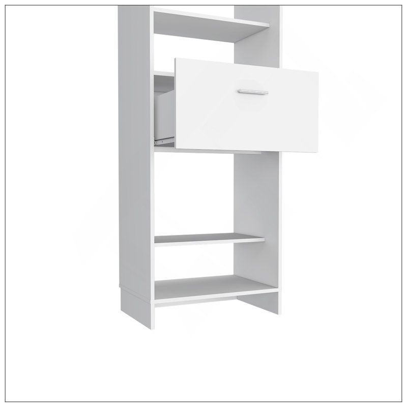 Système de placard hybride, cinq tablettes ouvertes, un tiroir, tringle en métal, Blanc
