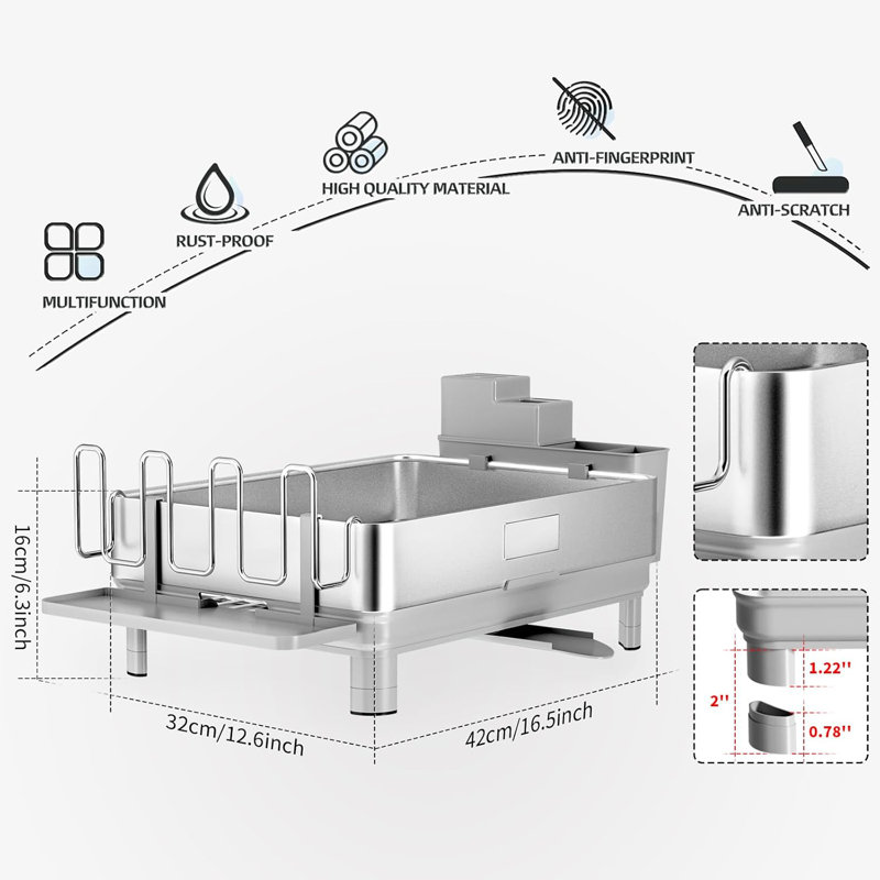 Égouttoir à vaisselle en acier inoxydable avec supports de drainage et d'ustensiles pour comptoirs de cuisine
