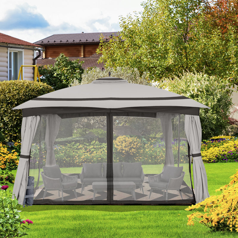 13 Ft x 11 Ft Gray Steel Patio Gazebo with Netting and Curtain