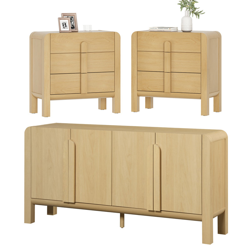 Ensemble de chambre à coucher 3 pièces, ensemble de commode et de table de chevet moderne Mid-Century pour la chambre à coucher, ensemble de 2 tables de chevet avec profil incurvé