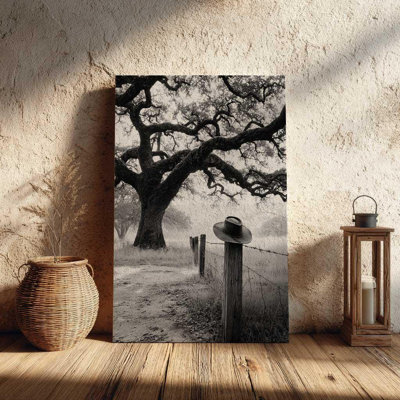 Texas Oak Tree Canvas Art â€“ Western Country Landscape Wall Decor â€“ Rustic Black & White Print