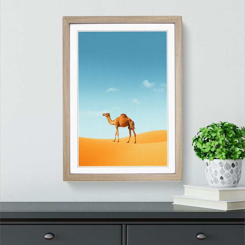 Camel Minimalism - Single Picture Frame Print on Wood, Oak Framed, 34cm H x 25cm W x 2cm D