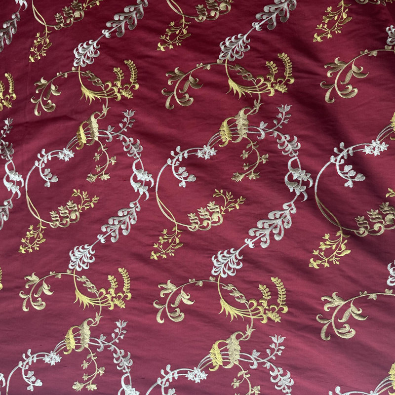 Bergamo Fabric | Embroidered Floral Fabric | Drapery & Curtain Fabric, Red