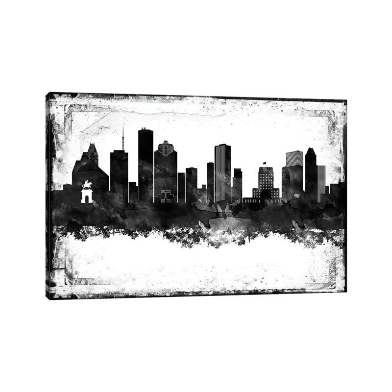 Houston Black And White Framed Skylines - Print on Canvas, 66.04cm H x 101.6cm W x 1.91cm D, Wrapped Canvas