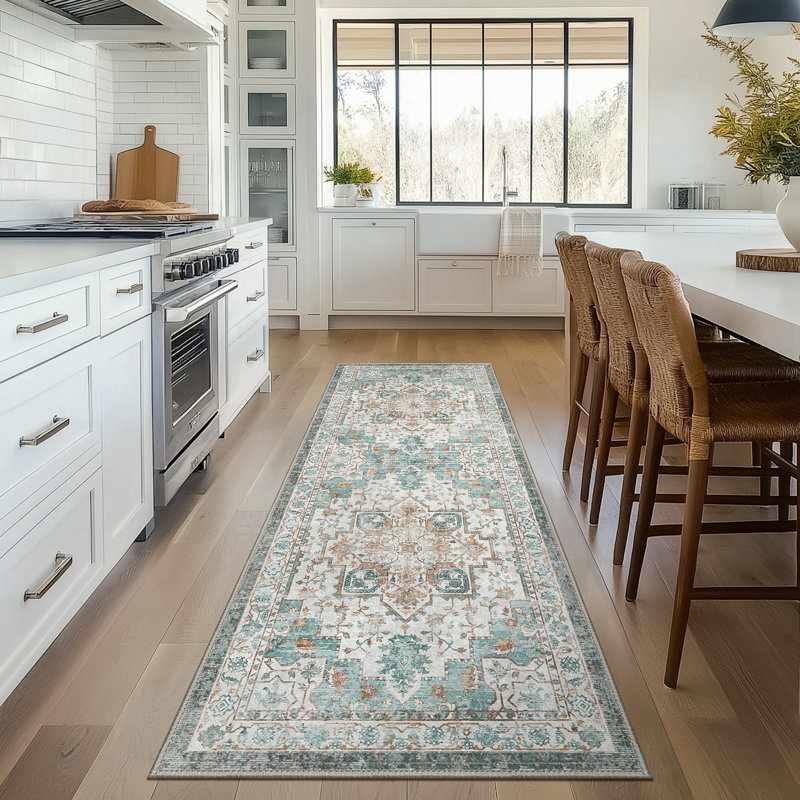 Tiyler Oriental Performance Teal / Rust 2' x 6' Runner Rug, Machine Washable, Runner 2' x 6'