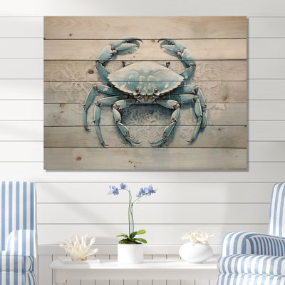 Minimalism Blue Crab Impression I - Crab Wood Wall Art On Natural Pine Wood