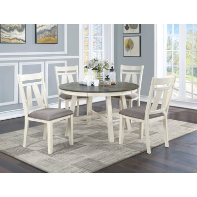 Dining Room Furniture 5pc Dining Set Round Table And 4x Side Chairs Gray Fabric Cushion Seat White Clean Lines Wooden Table Top