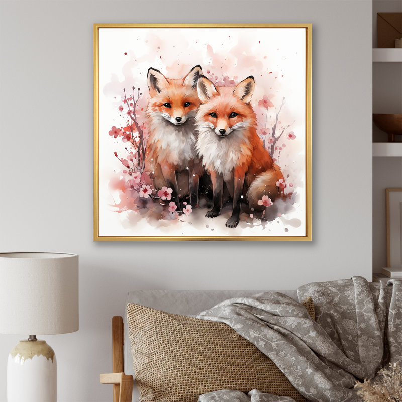 Foxs Elegant Forest Florals Grace I - Renard, art mural animal, Cadre flottant doré, H 16 po x l 16 po x P 1 po