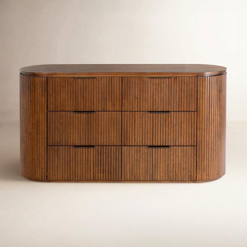 Fluted 6 Drawer Dresser, Medium Oak