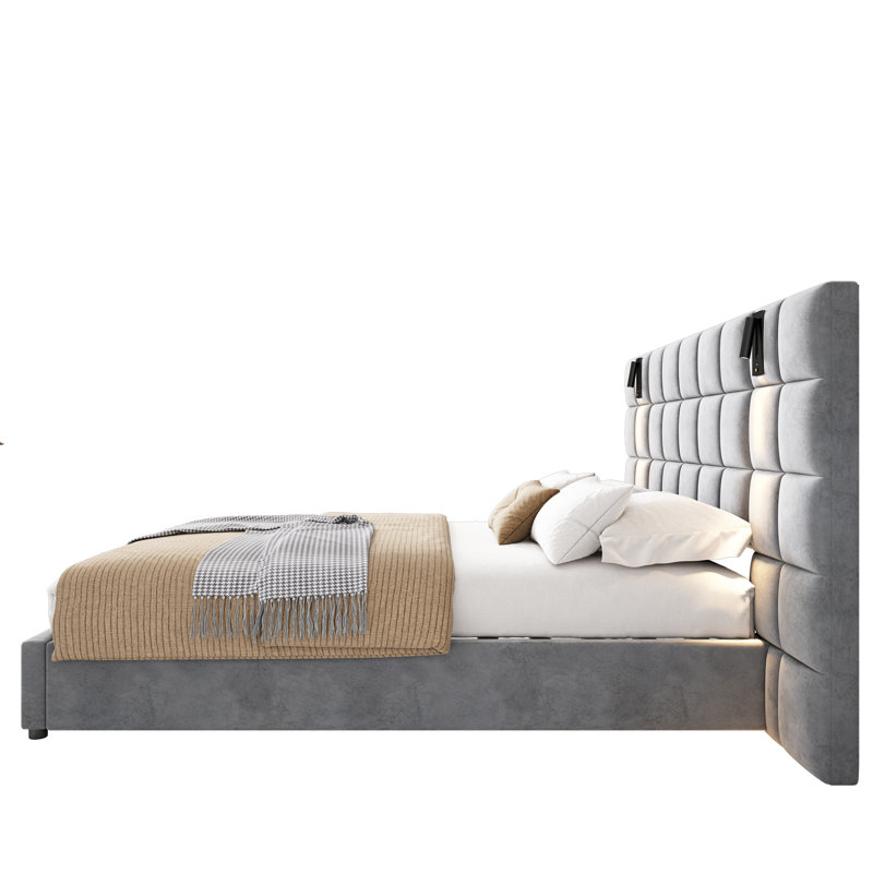 Grand lit tapissier, avec lampe de lecture et port USB, tête de lit large, sans tables de chevet et matelas, velours, gris