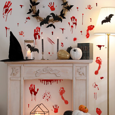 Ensemble de 4 décorations murales sanglantes d'Halloween, empreinte de la main, empreinte de pas de fenêtre, autocollants de plancher, autocollant de salle de bain horreur, autocollant, fête de zombie, décoration de maison hantée, MS4074