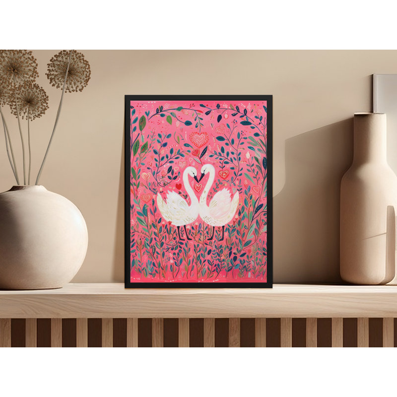 Swan Heart Wall Art, Love Birds Print, Pink Floral Art, Romantic Home Decor, Framed Art, Available in Sizes