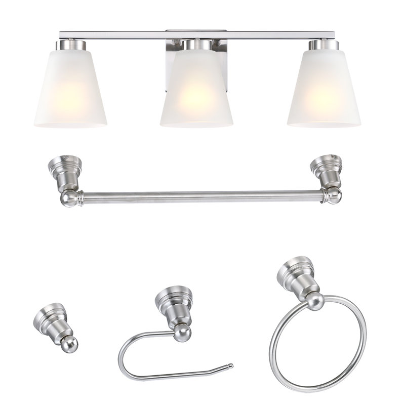 Ensemble de meuble-lavabo 22 po 3 lumières en nickel brossé avec abat-jour en verre givré et ensemble de salle de bain (5 pièces)