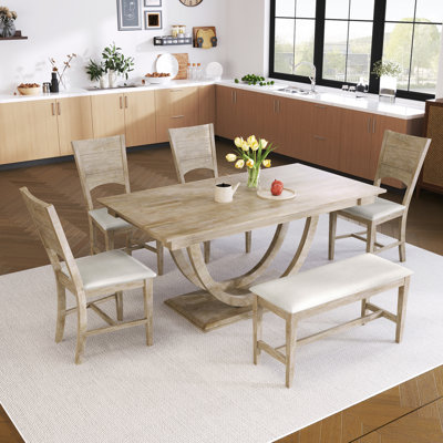 Ensemble de table de salle à manger en bois 6 pièces, ensemble de table de cuisine avec un banc et 4 chaises