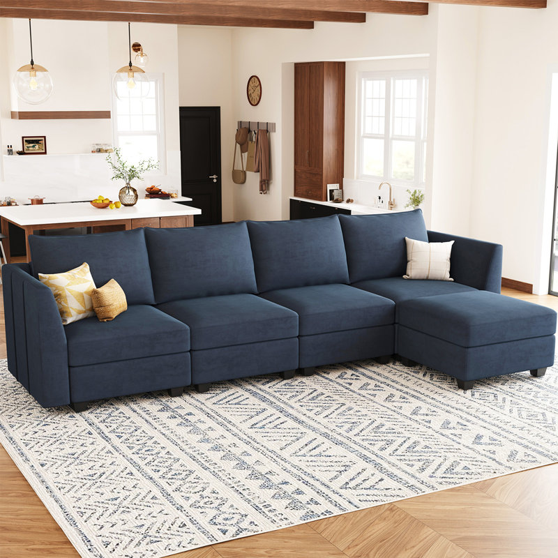 Canapé modulaire en bois massif avec repose-pieds Allison, Velours bleu