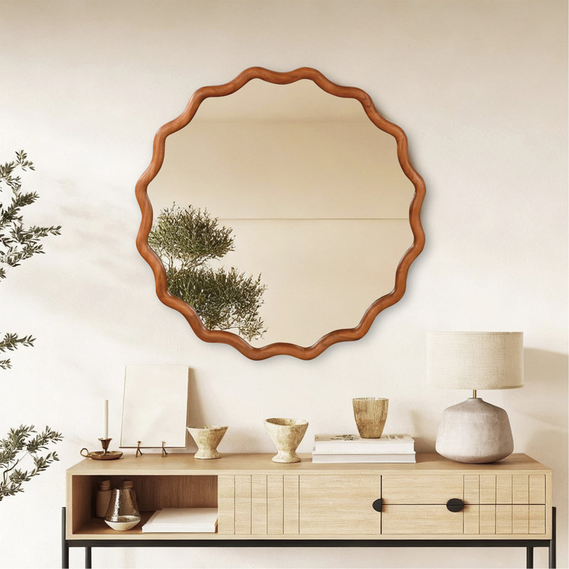 Miroir décoratif rond en bois massif Wavy, Brun jaune, 36 po x 36 po