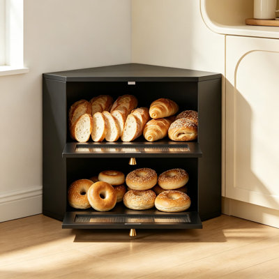 Boîte de pain de coin en bambou pour comptoir de cuisine, contenant de pain à double couche avec grande capacité et porte transparente en acrylique ondulé