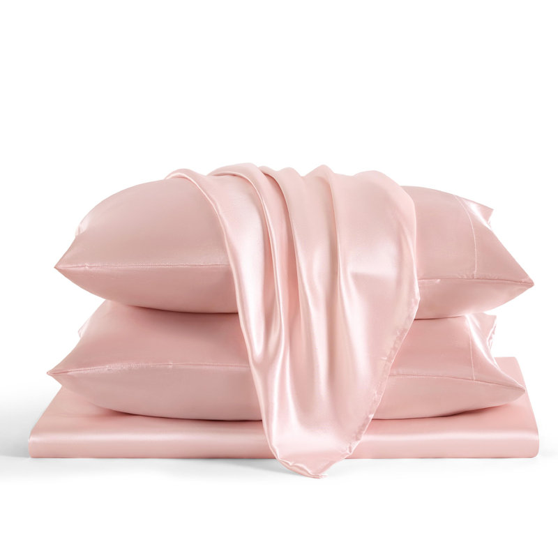 Bedsure Satin Sheets Queen Size–4 Piece Silky Bed Set, 15" Deep Pocket Fitted Sheet, Flat Sheet & 2 Pillowcases, Buttery-Smooth, Good for Hair & Skin (Pink)