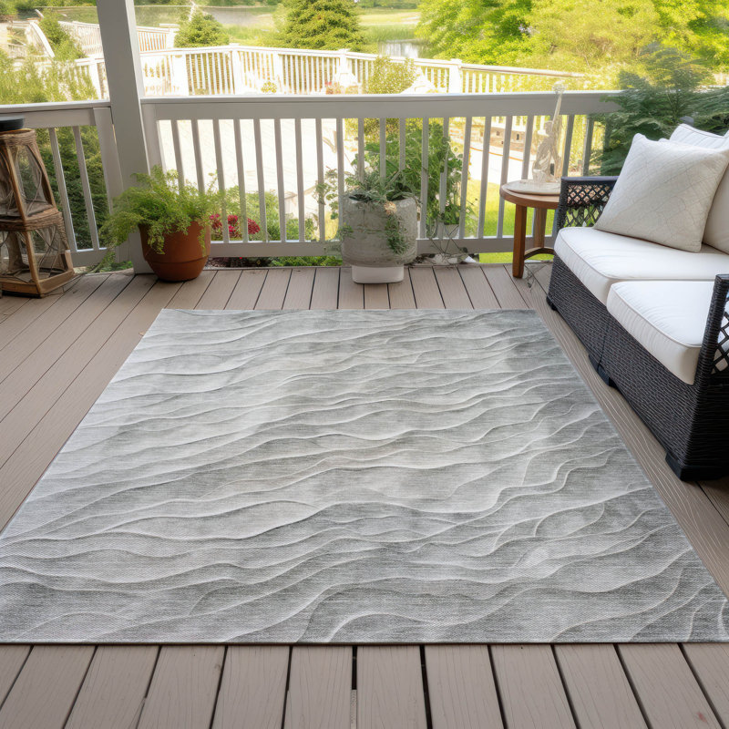 Taupe Wave Pattern Machine Washable Indoor/Outdoor Rug